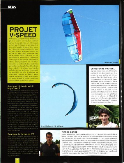 Page consacrée au projet V-Speed dans le Kiteboard Magazine n°70